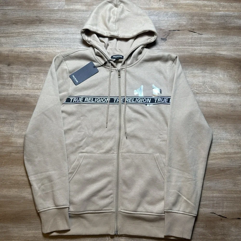True Religion Zip Hoodie Men Medium Travertine Beige Foil Logo Taping 700315 New
